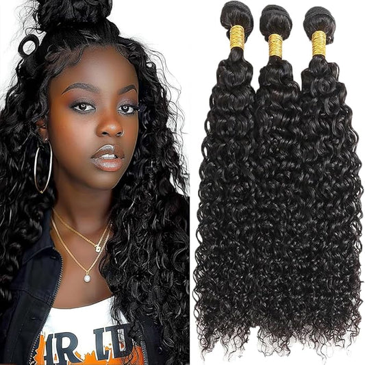 Natural Color Water Wave Bundles Human Hair Water Curly Weave Bundles Color 1B Brazilian Human Hair Weave Extensions Soft and Silky for Black Women 18 20 22 Inch