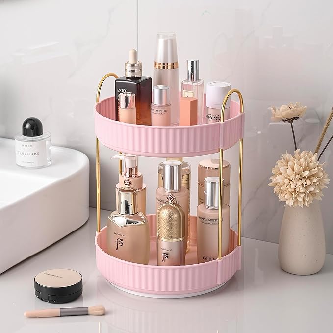 Aveniee 360 Rotating Makeup Organizer for Vanity, Skincare Perfume Organizers Large Capacity, Bathroom Countertop Organizer and Storage, Clear Cosmetics Lipstick Holder for dresser(2 Tiers, Pink)