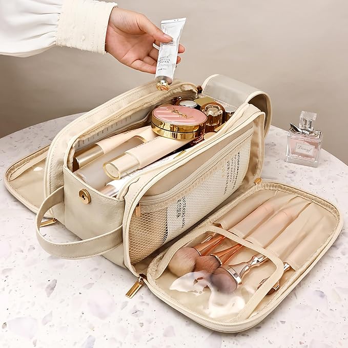 Travel Toiletry Bag for Women PU Leather Triple-layer Double Zipper Toiletry Bags,Waterproof with Handle Mens Toiletry Bag Stowable Brushes, Toiletries Makeup for Business Trips Camping Bathroom Beige