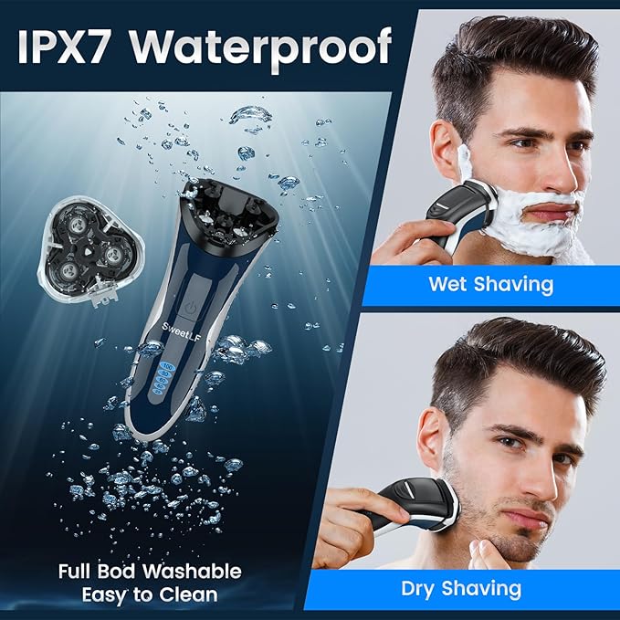 Electric Razor for Men, SweetLF 100% Waterproof Electric Shaver, Type C Rechargeable, Wet & Dry Rotary Shavers for Men with Pop up Trimmer, Corded and Cordless, Navy Blue