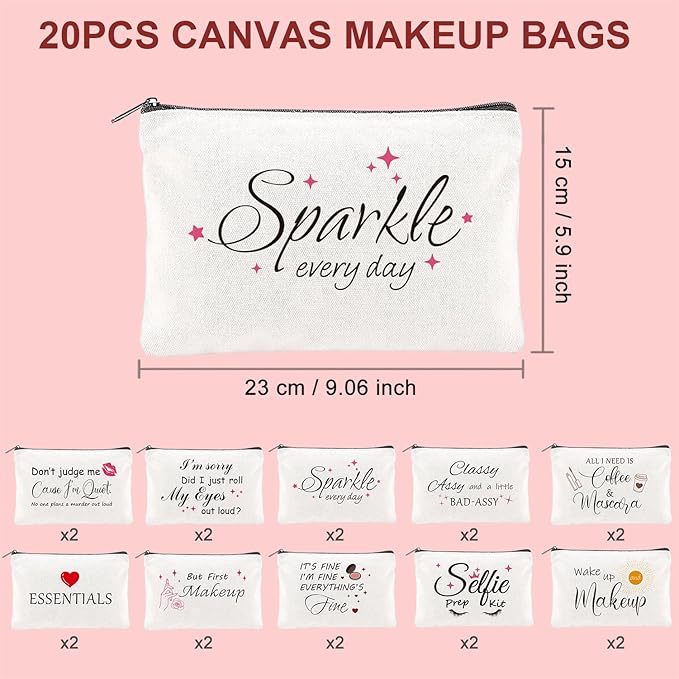 20PCS Make Up Bags Bulk Funny Canvas Cosmetic Bag Inspirational Toiletry Bags Bulk Makeup Pouches for Women Double Sided Printing Bulk Travel Pouch Bulk Gifts for Women Sister Employee