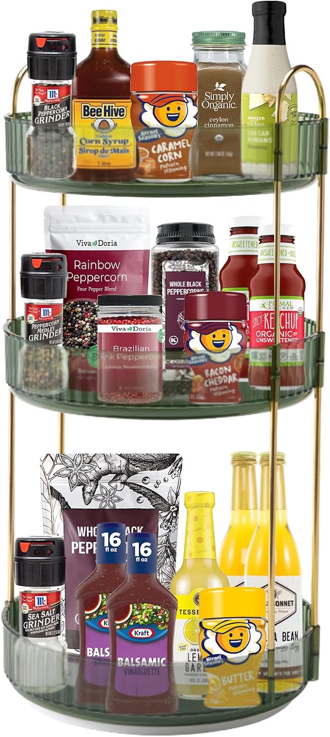 360° Rotating Makeup Organizer, Bathroom Make Up Spinning Holder Rack, Large Capacity Cosmetics Storage Vanity Shelf Countertop, Fits Cosmetics, Perfume, Skincare(3 Tiers, Green)