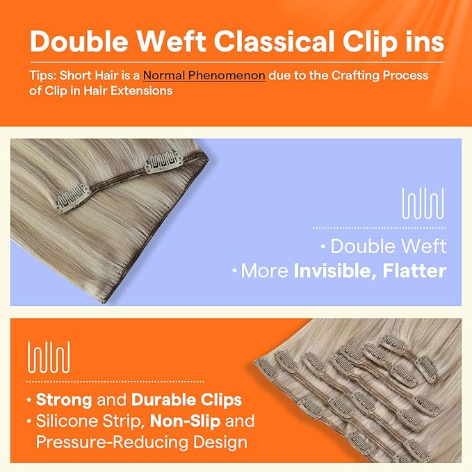 Full Shine Clip in Hair Extensions Real Human Hair Blonde 22 Inch Clip in Human Hair Ash Blonde Highlight Seamless Hair Extensions Clip ins for Women 7 Pcs 120 G