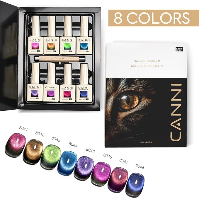 CANNI 8 Pcs 9 ML Cat Eye Gel Nail Polish Set, Red Purple Pink Blue Green Glitter Rainbow Holographic Cat Eye Gel Polish Kit with Magnet Colors Nail Art Manicure Salon DIY Gifts