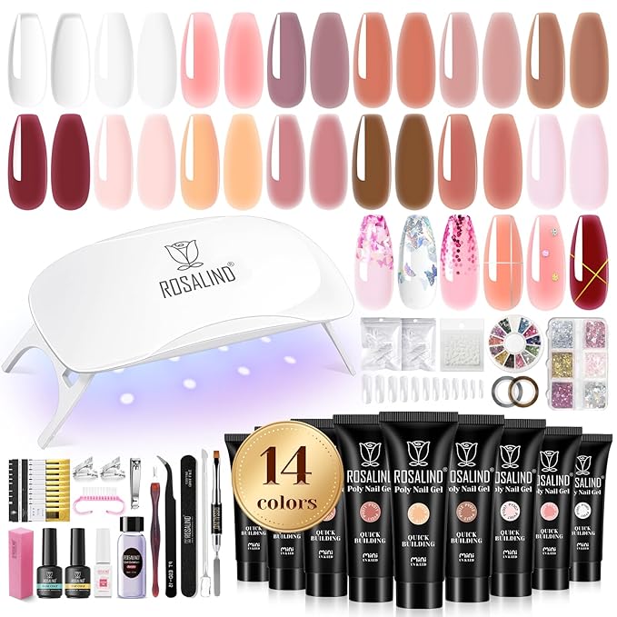 ROSALIND Poly Nail Gel Kit - 14 Colors With 72 Nail Art Accessories, Clear Nude Starter Kit, Mini UV Lamp, Slip Solution for Beginners