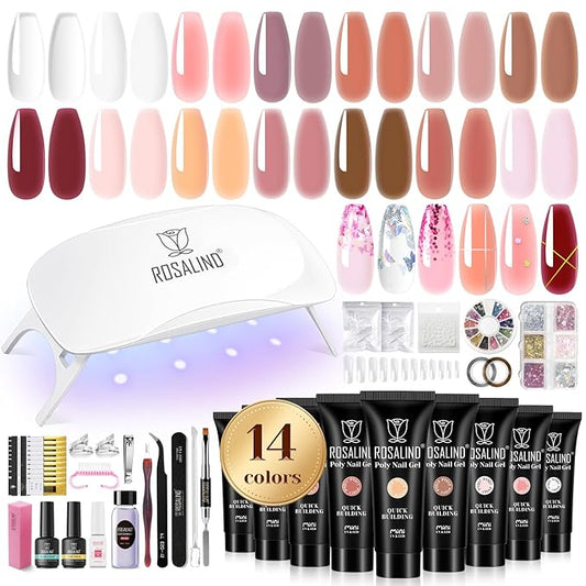 ROSALIND Poly Nail Gel Kit - 14 Colors With 72 Nail Art Accessories, Clear Nude Starter Kit, Mini UV Lamp, Slip Solution for Beginners