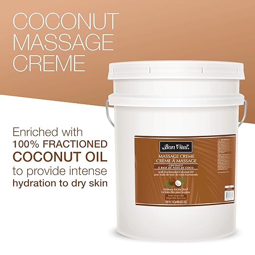Bon Vital' Coconut Massage Creme Made with 100% Pure Fractionated Coconut Oil, Massage Cream & Moisturizer to Repair Dry Skin, No Greasy Feel, Anti-Aging Cream for Professional Massage, 5 Gallon Pail