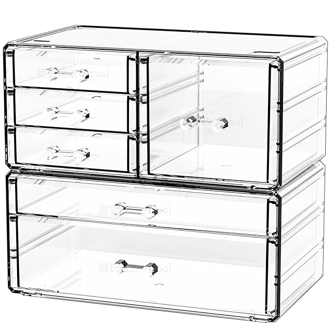 Cq acrylic 2 Pack Clear Desk Organizer With Drawers,Stackable 6 Drawers Skincare Organizer,Cute Skin Care Organizers for Vanity Hair Clip,Jewelry,Beauty Product Desk and Makeup Organizers Countertop
