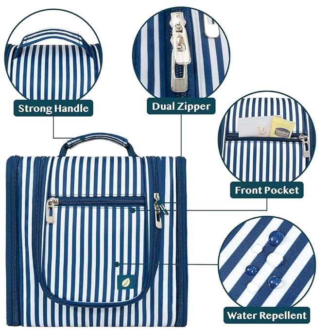PAVILIA Toiletry Bag Travel Bag for Women Men, Hanging Cosmetic Organizer, Water Resistant Makeup Bag for Accessories Toiletries, Large Travel Essentials Kit (Stripe Navy)