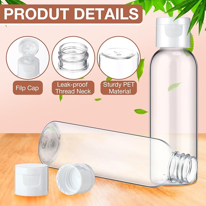 Zhehao 200 Pcs 2 oz Clear Plastic Empty Bottles Small Travel Size Bottles with Flip Cap Empty Transparent Dispenser Container for Liquids Toiletries Shampoo Lotion(White Cap)
