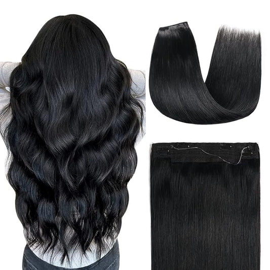 YILITE Wire Hair Extensions Human Hair, 100% Remy Human Hair, Jet Black 18 Inch 95g Hairpiece, Invisible Natural Straight with Transparent Line and 4 Clips