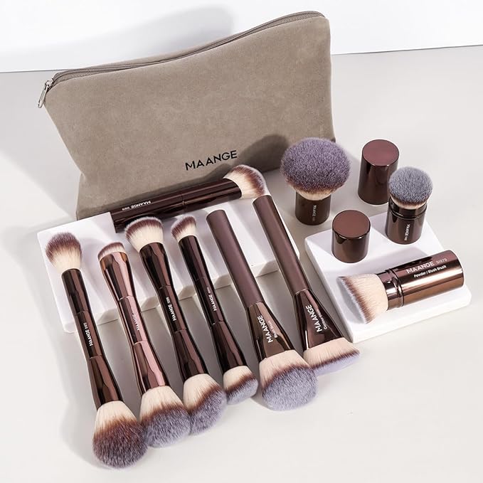 MAANGE Makeup Brush Set 10 Pcs Makeup Brushes with Zipper Bag, Double-End Multi-functional Make Up Brushes for Blending Liquid Powder Concealer Cream Blush Buffe,CoffeeBrown