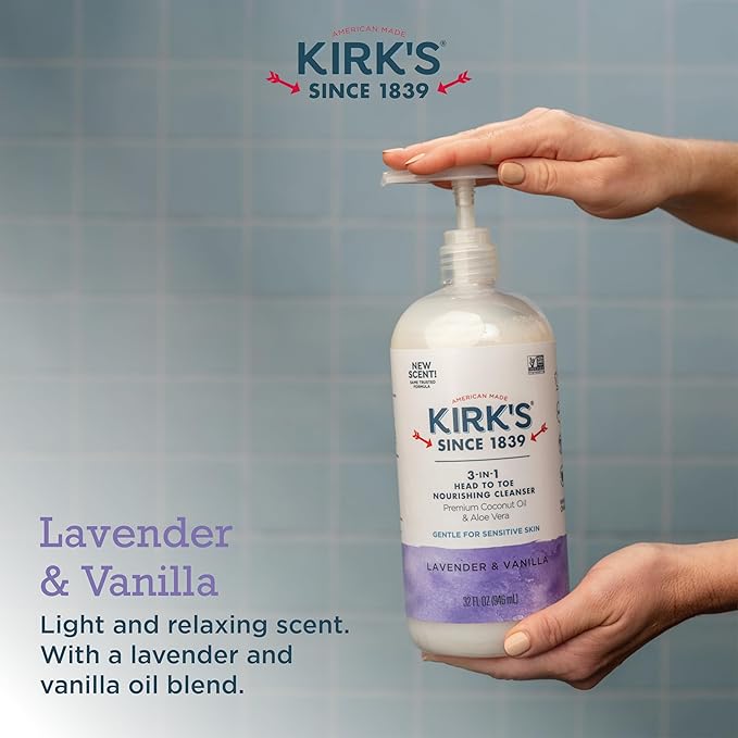 Kirk's 3-in-1 Head to Toe Nourishing Liquid Cleanser- for Men, Women & Children - Premium Coconut Oil & Aloe Vera- Non GMO & Vegan - Lavender and Vanilla - 32 Fl Oz. - 2 Pack