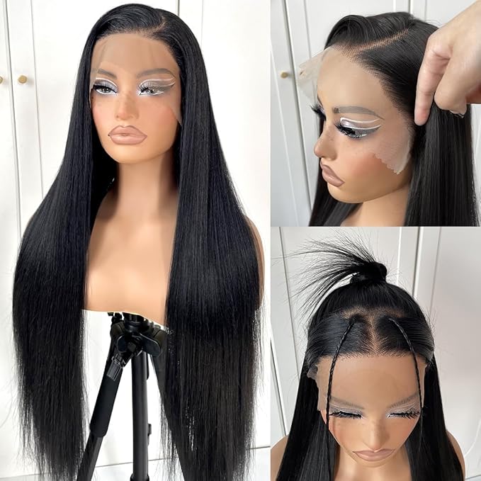 13x6 Long Straight Lace Front Wigs Natural Black Glueless Straight Hair Lace Front Wig Pre Plucked Yaki Synthetic HD Lace Front Wig 32inch