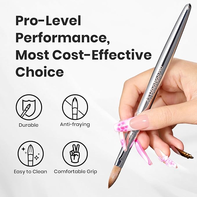 Beetles Kolinsky Acrylic Nail Brush Pure Kolinsky Hair Bristles Round Shaped Metal Handle Nail Art Brushes for Acrylic Powder Manicure Extension Professional Salon Manicure Tool - Size 10