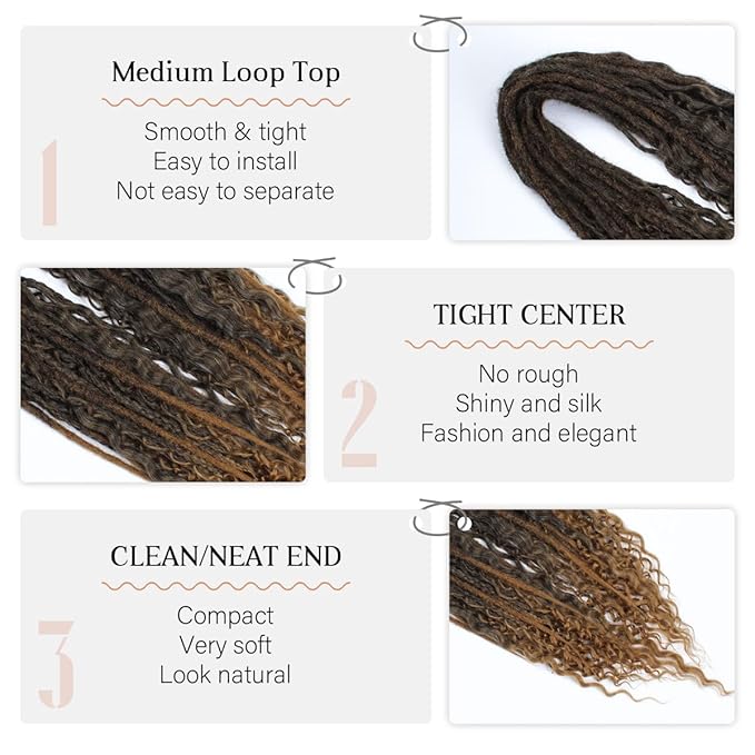 24 Inch Double Ended Dreadlock Extensions Sets, 20 Strands 3 In 1 Mixed Synthetic Dreads Extensions, Ombre Brown Straight&Curly&Boho Handmade Dreads Hippie Style Dreadlocks for Woman