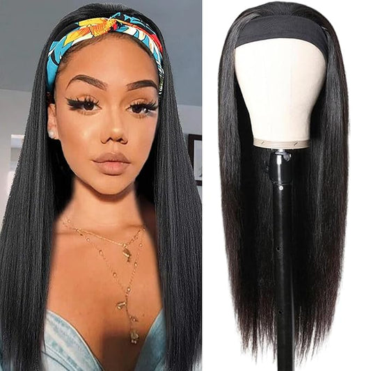 Aiterina Headband Wig Straight Human Hair Wigs for Black Women Brazilian Virgin Hair Machine Made Headband Wig Glueless Human Hair Wigs 150% Density Natural Color 20 Inch