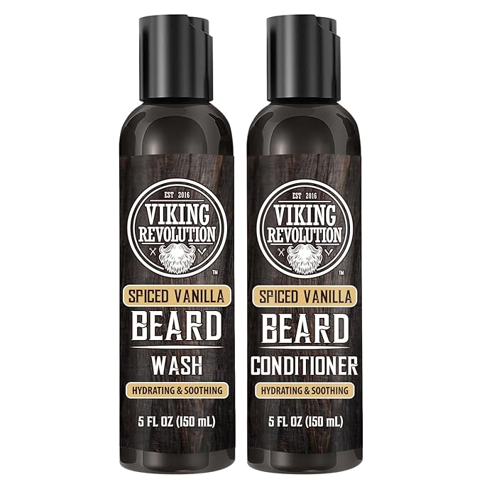 Viking Revolution Beard Wash and Beard Conditioner for Men with Argan Oil and Jojoba Oil - Beard Softener and Strengthener Beard Care Beard Shampoo and Conditioner with Beard Oil (5oz, Spiced Vanilla)
