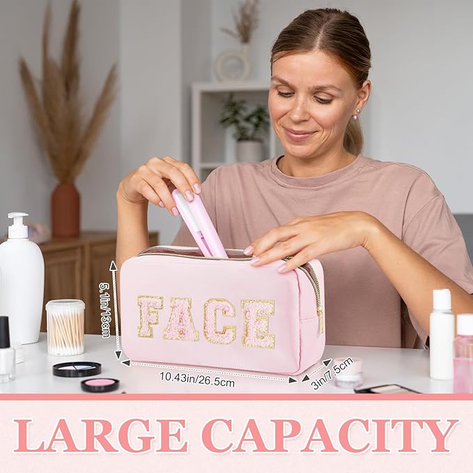 4 Pcs Travel Toiletry Bags for Women Preppy Makeup Bags Organizer Face Skin Hair Stuff Chenille Letter Pouch with Zipper Aesthetic Waterproof Skin care Hair Bag for Women Gifts