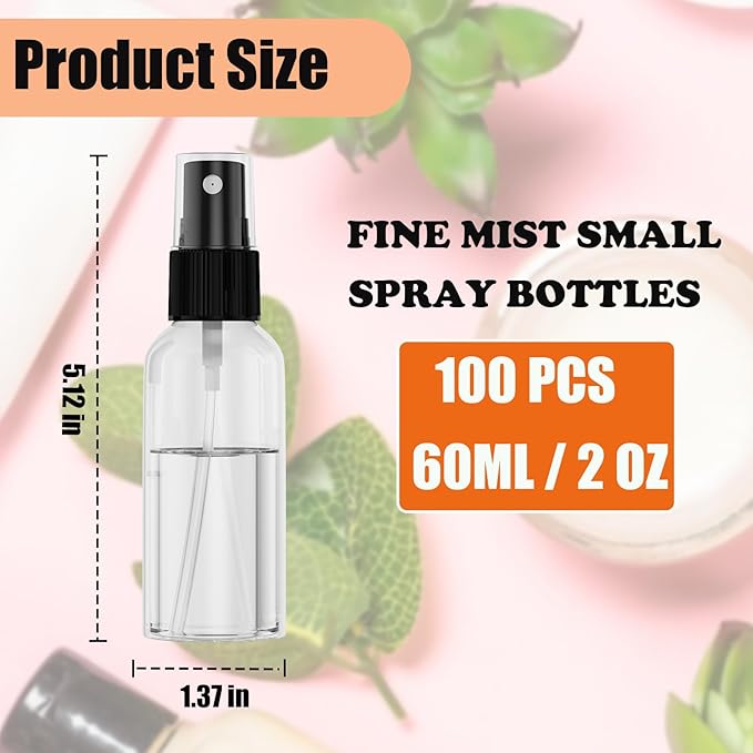100Pack 2oz Spray Bottles Small, 60ml Travel Spray Bottle Black Fine Mist Sprayer, Empty Refillable Containers Portable Cosmetic Bulk Plastic Spray Bottles for Plants, Cleaning, Misting & Skin Care