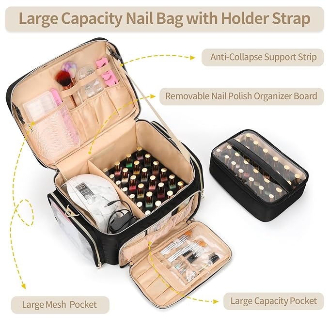 Nail Polish Organizer, Nail Polish Storage Holds 50-70 Bottles & Nail Lamp, Portable Travel Nail Kit Storage Carrying Case Fits Nail Suppiles, Gift for Manicurist, Grils (Black)