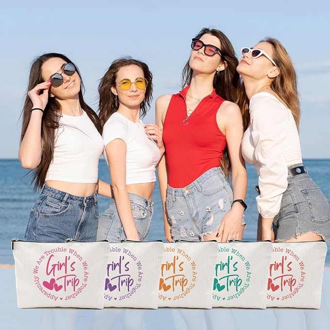 5Pcs Girls Trip Gifts Favors, 2025 Girls Weekend Gifts Makeup Bag, Bestie Gifts Weekend Bag Travel Gifts Vacation Cosmetic Bag, Friendship Gifts for Coworker, Graduation Wedding Gifts Toiletry Bag