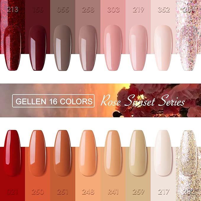 Gellen Gel Nail Polish Kit - Nude Pink Gel Polish Set 16 Colors with Top & Base Coats, Red Orange Brown Glitter Nail Polish Set, Home/Salon Nail Gel Polish Manicure Kit