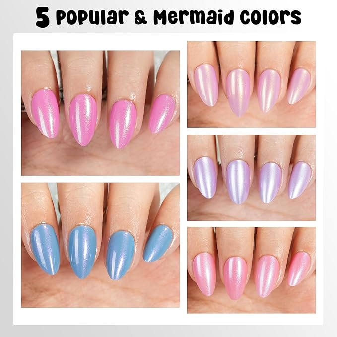 Press on Nails Short Almond - 5 Styles Mermaid Glitter Press on Nails, Brighter Pastel Mermaid Nails, Stick On Nails in 16 Sizes -160PCS Soft Gel Fake Nails Kit for Valentines Day Gift