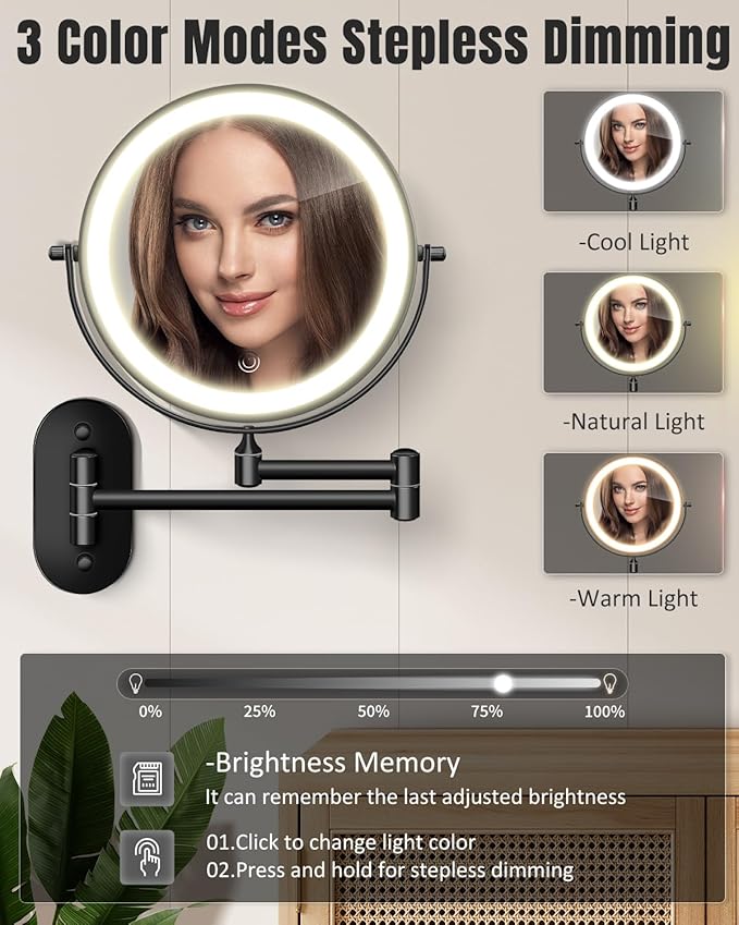 30X/1X Wall Mounted Lighted Makeup Mirror, 8'' Double Sided Rechargeable Magnifying Bathroom Mirror with Light, 3 Color Lights Touch Dimmable Extended Arm 360 Rotation Light up Mirrors