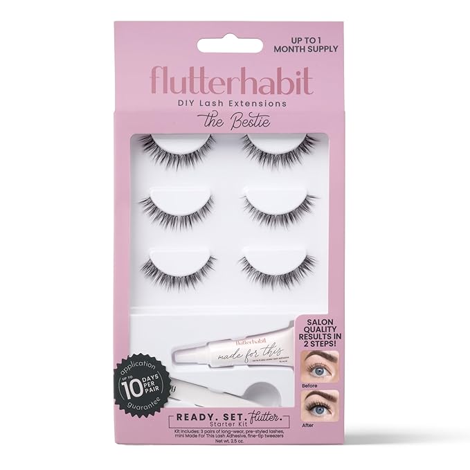 FlutterHabit Bestie Ready Set Starter Kit, DIY Eyelash Extensions, Lash Clusters for Women, Professional Quality At Home Eyelash Extension Kit, Natural False Lashes, 3 Lash Sets, Lash Glue Included