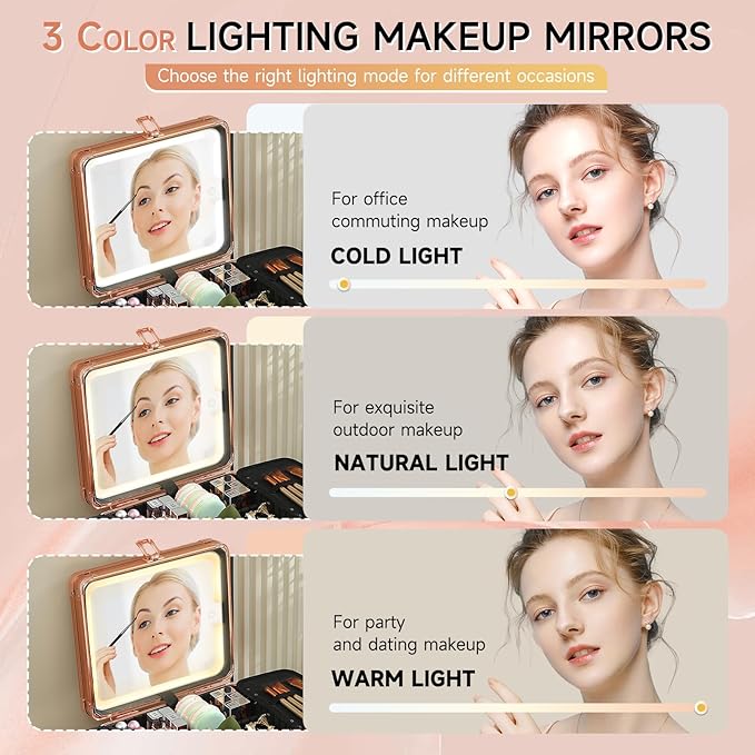 Leeora&Leekoo Makeup Box with LED Mirror & Aluminum Frame, Compact Multi-Layer Cosmetic Organizer - Portable ABS Travel Train Case for Makeup Storage(Gift for Girlfriend/Daughter) (Gold)