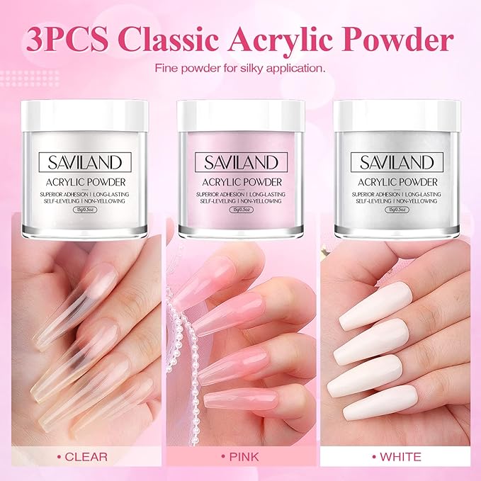 Saviland Acrylic Nail Kit – 61 in 1 Nail Kit Set Full Acrylic Powder Set with Everything Nail Supplies Acrylic Nail Liquid Nails Tips & Glue for Beginners Nail Extension French Manicure Home DIY