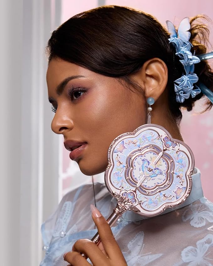 Flower Knows Butterfly Cloud Collar Hand Mirror,Portable Vintage Handheld Mirror,Durable Metal Mirror,Cute & Aesthetic Princess Mirror,with Long Handle for Easy Holding,Gift for Girls(Floral Cyan)