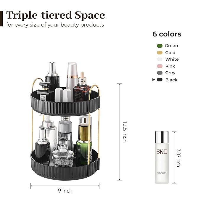 Aveniee 360 Rotating Makeup Organizer for Vanity, Skincare & Perfume, Large Capacity Bathroom Countertop Storage, 2 Tiered Black Cosmetics Lipstick & Skin Care Holder for Dresser