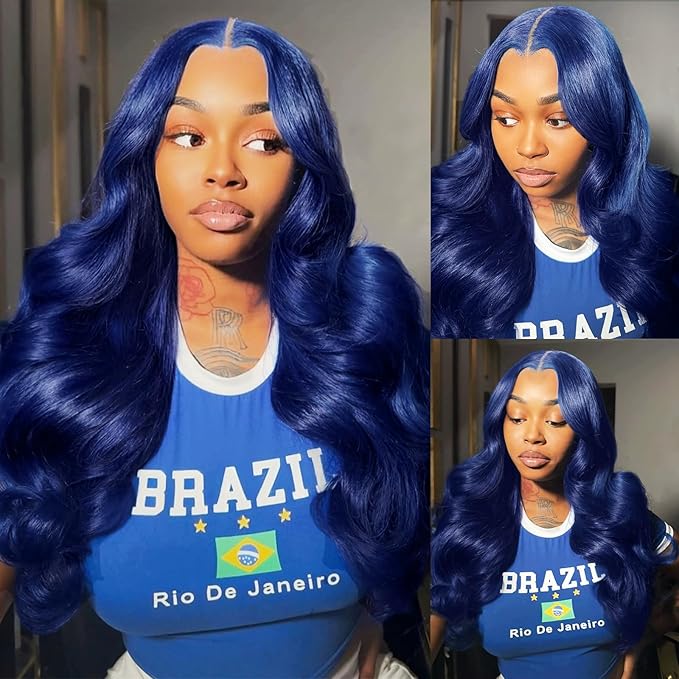 34 Inch Blue Lace Front Wigs Human Hair Body Wave 13x6 Hd Lace Frontal Dark Blue Wig Human Hair Pre Plucked With Baby Hair 180% Density Wear and Go Glueless Royal Blue Wigs for Women