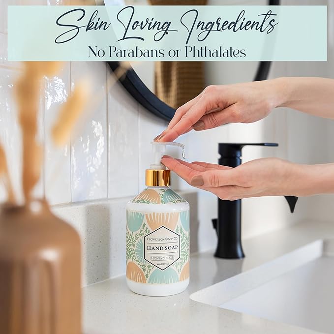 FlowerBox Liquid Hand Soap Set –Beautiful Pack of 4 Scented Pump Soaps –Bathroom & Kitchen Luxury Decorative 500ml Italian Mosaic Bottles–Meyers Refillable Dispensers–Works for Bath and Body Wash Gift