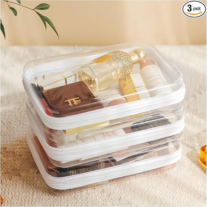 3PCS Clear Hard Shell Zipper Case,Portable Cosmetic Bag with Zipper,Kid's Toy Storage Organizer Bins,Hard Plastic Case,Clear Bags for Organizing