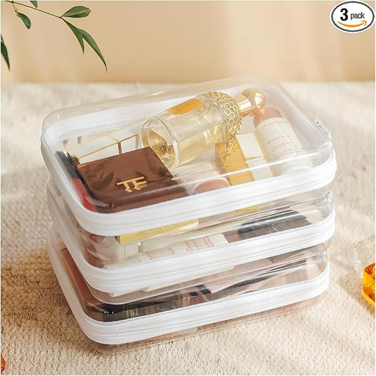 3PCS Clear Hard Shell Zipper Case,Portable Cosmetic Bag with Zipper,Kid's Toy Storage Organizer Bins,Hard Plastic Case,Clear Bags for Organizing