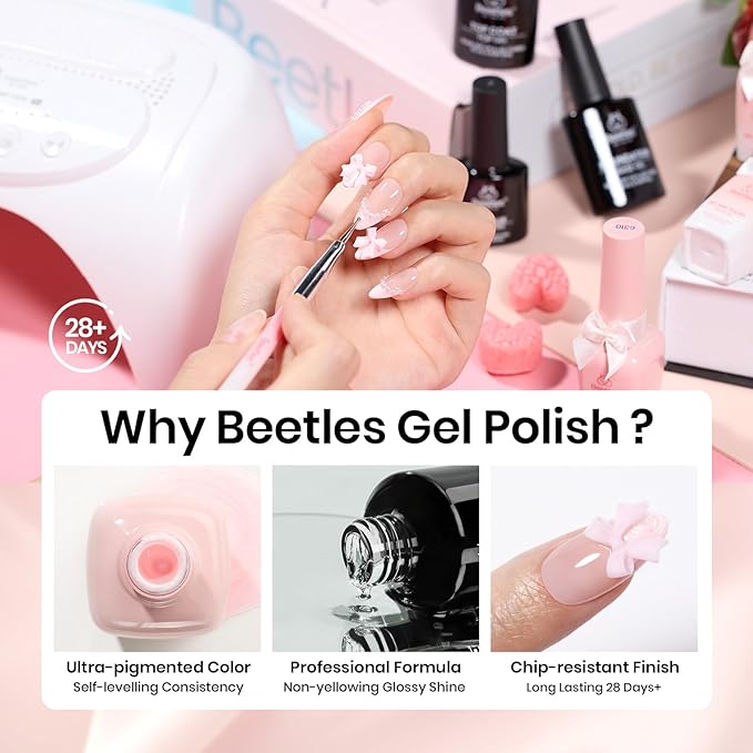 Beetles Gel Nail Polish Gift Set, Beetles X DIY Nail Songs of Ballet Nail Trend Set Pearl nail polish with Nail Charm Ribbon Bow Pearls French Stickers DIY Collection home Salon Gift for Women