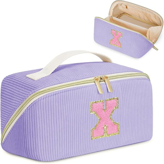 Gifts for Girls, Initial Travel Makeup Bag Women's Day Gift Make up Bag Cosmetic Bags Monther's Day Gifts, Personalized Stuff Bag Cute Makeup Bag Birthday Gifts for Women/Friend/Mother Purple - X