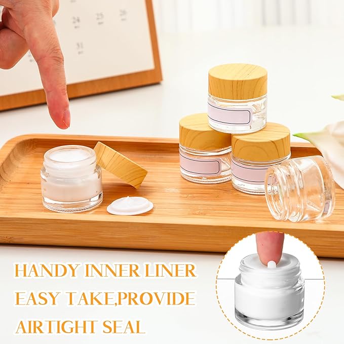Layhit 24 Pcs Glass Jars with Lids Clear Small Jars with Plastic Woodgrain Lids, White Labels and Inner Liners Empty Round Cosmetic Containers for Creams Lotions Powder Candle Making (0.34oz/ 10ml)