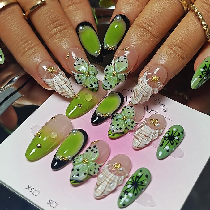 Handmade Acrylic Press On Nails Almond, 3D Press On Nails Medium, 3D Green Nails French Tip Flower Bubble Preal For Women Gift, Reusable Stick On Fake Nails Kit With Nail Glue (Floral Oasis-S)