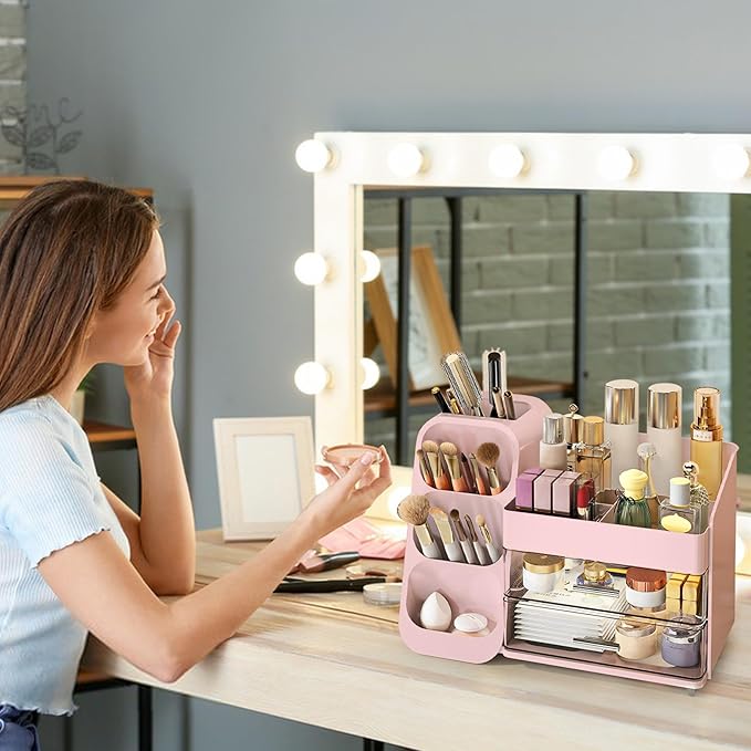 Makeup Organizer Countertop, Vanity Organizer with Brush Holder, Cosmetic Display Case with Drawers, Skincare Organizer for Dresser, Bathroom, Large Make up Storage Cosmetic Holder for Women gifts