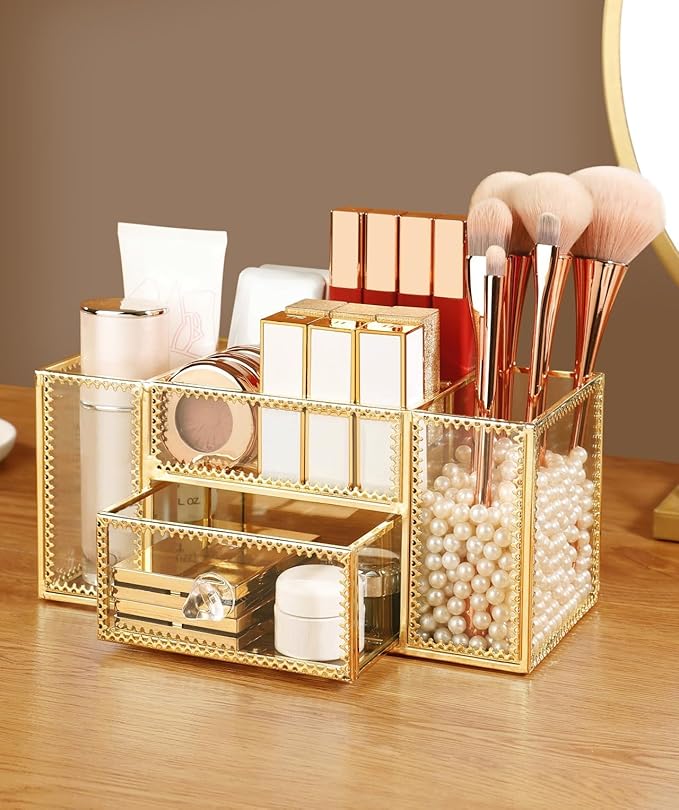 FSyueyun Vanity Clear Glass Makeup Organizer, Gold Makeup Brush Holder Cosmetic Storage Display Case for Skincare Perfume Dresser Countertop