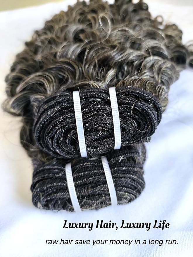Raw Curly Salt and Pepper Gray Human Hair Bundles Jerry Curly Grey Human Hair Bundles 50% Grey Mixed Black Color 12 IN 2 Bundles Virgin Hair Weave Extensions Can be Dyed and Styled by Clytie