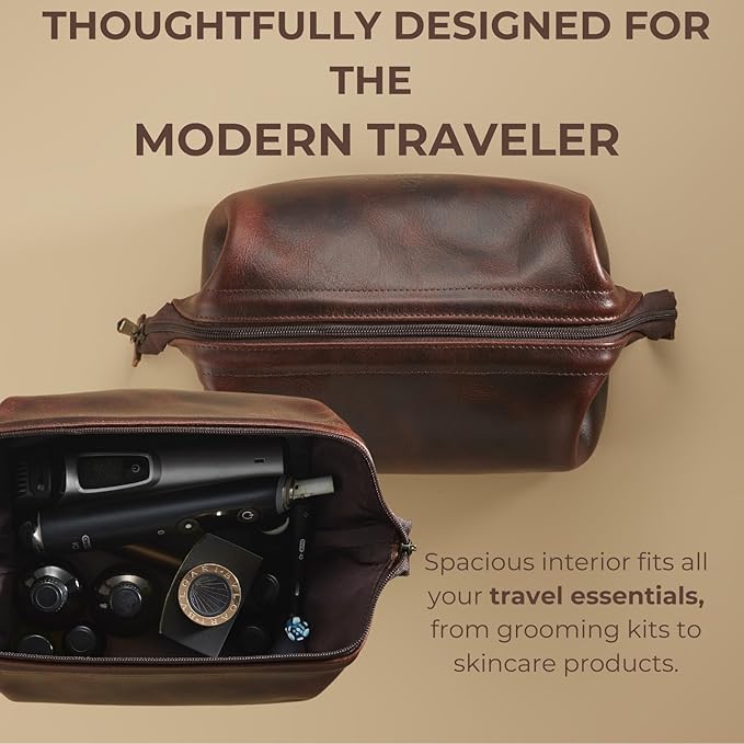 Premium Leather Travel Toiletry Bag, King-Size Dopp Kit with Waterproof Lining, For Men and Women