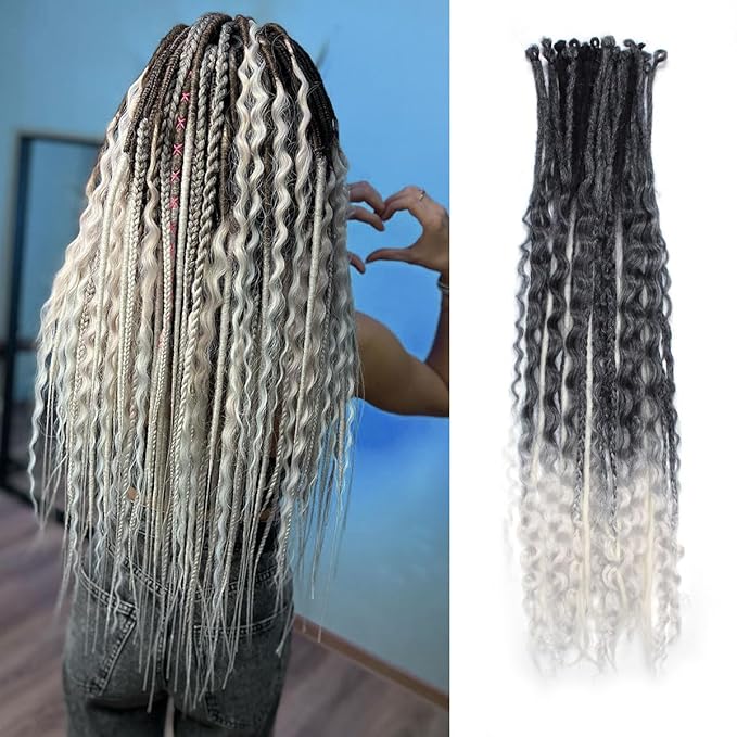 24 Inch 30 Strands SE Dreadlock Extensions Sets，3 In 1 Mixed Synthetic Dreads Extensions, Gray to White Straight&Curly&Boho Handmade Dreads Hippie Style Dreadlocks for Woman
