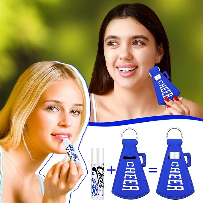 18 Sets Blue Red Cheer Favors Natural Bulk Lip Balm and Moisturizing Lipstick Holder Keychains Set Cheerleader Cheerleading Gift for Team Teen Sports Party Supplies(Blue)