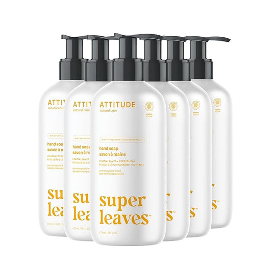 ATTITUDE Liquid Hand Soap, EWG Verified, Plant and Mineral-Based, Vegan Personal Care Products, Lemon Leaves, 16 Fl Oz (Pack of 6)