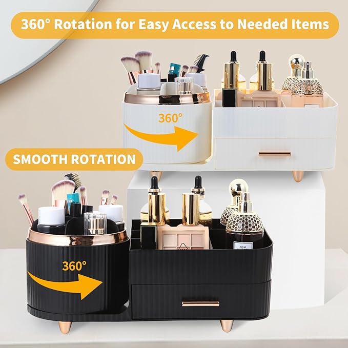 Makeup Organizer Countertop with Drawer 360 Rotating Brush Holder Storage Large Capacity Skincare Cosmetic Display Cases for Vanity Bathroom Desktop, Model 3016 White